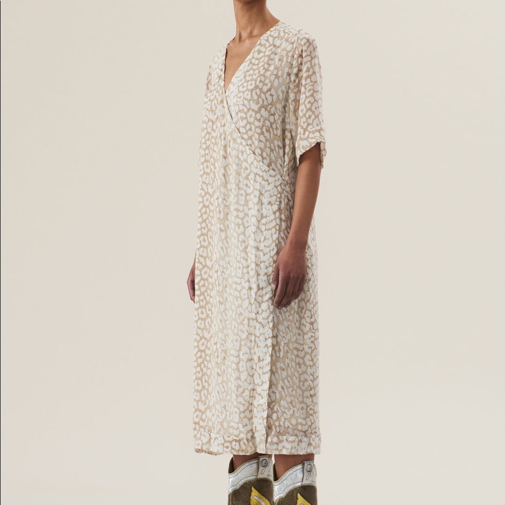 Ganni printed georgette kimono dress leopard print